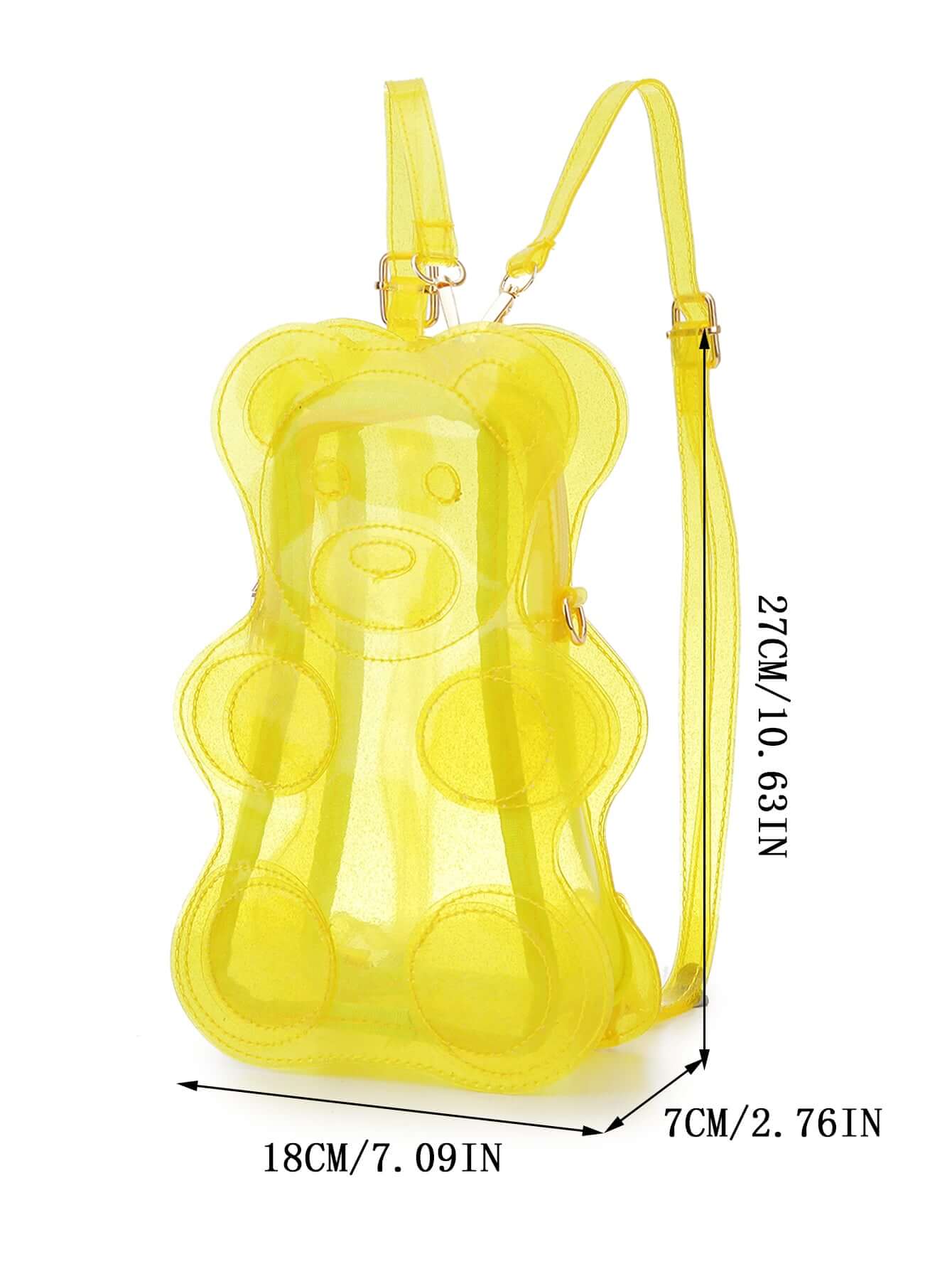 Yellow transparent glitter gummy bear 🧸 backpack with adjustable straps, perfect for kids and adults, see-through and colorful design.