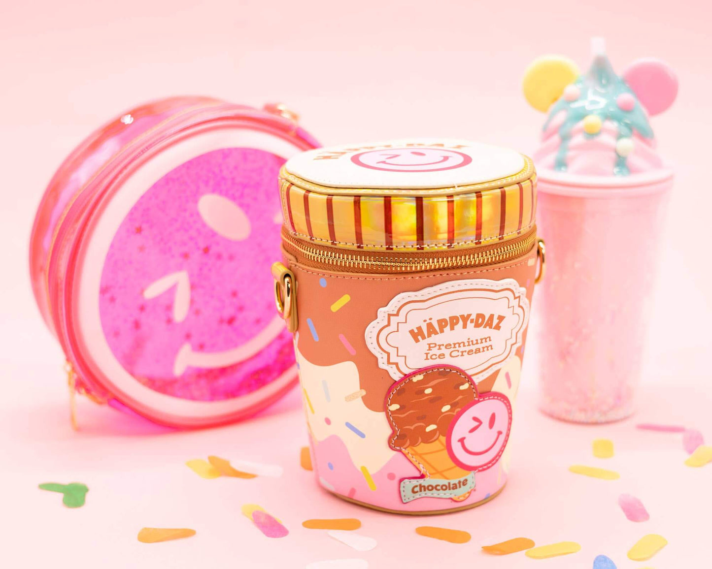 🍫 Holographic Happy Daz Ice Cream Tub Handbag in rich chocolate design, cheerful and playful with colorful confetti. Perfect crossbody accessory! 🎉