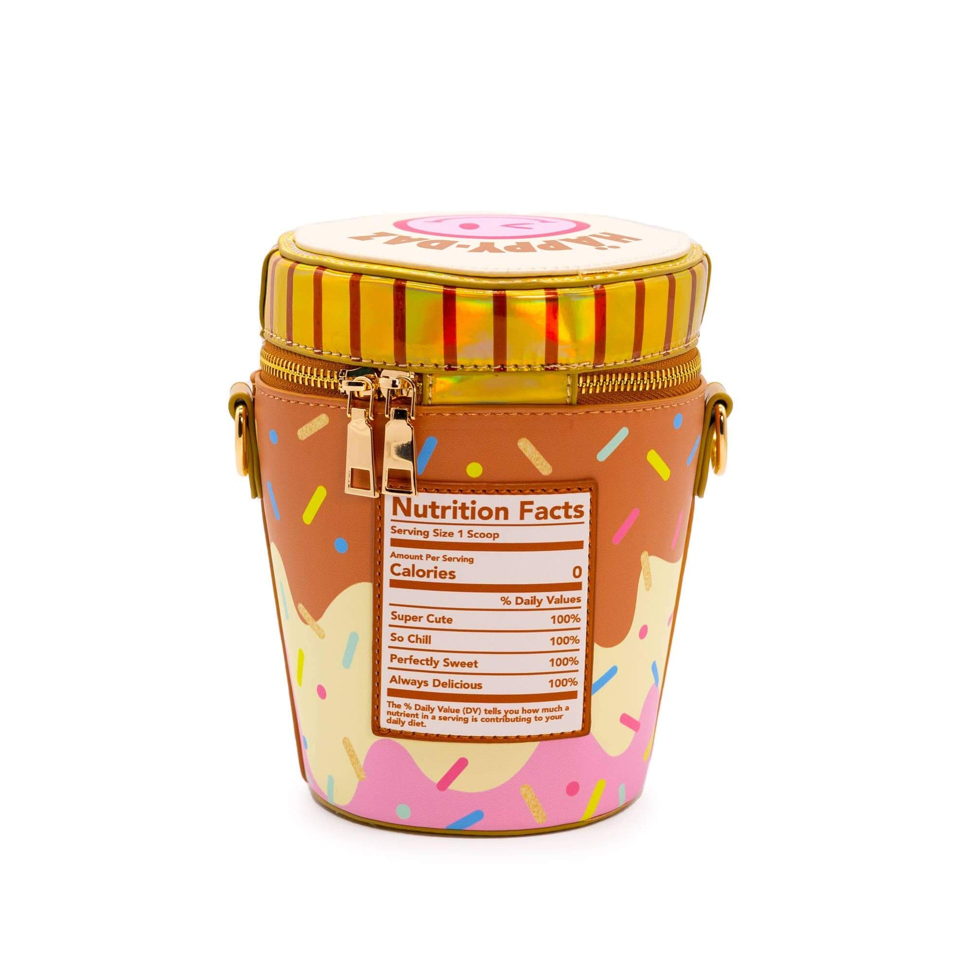 🍦 Cheerful holographic crossbody handbag resembling a chocolate ice cream tub with playful, colorful design and zippered details. 🍫