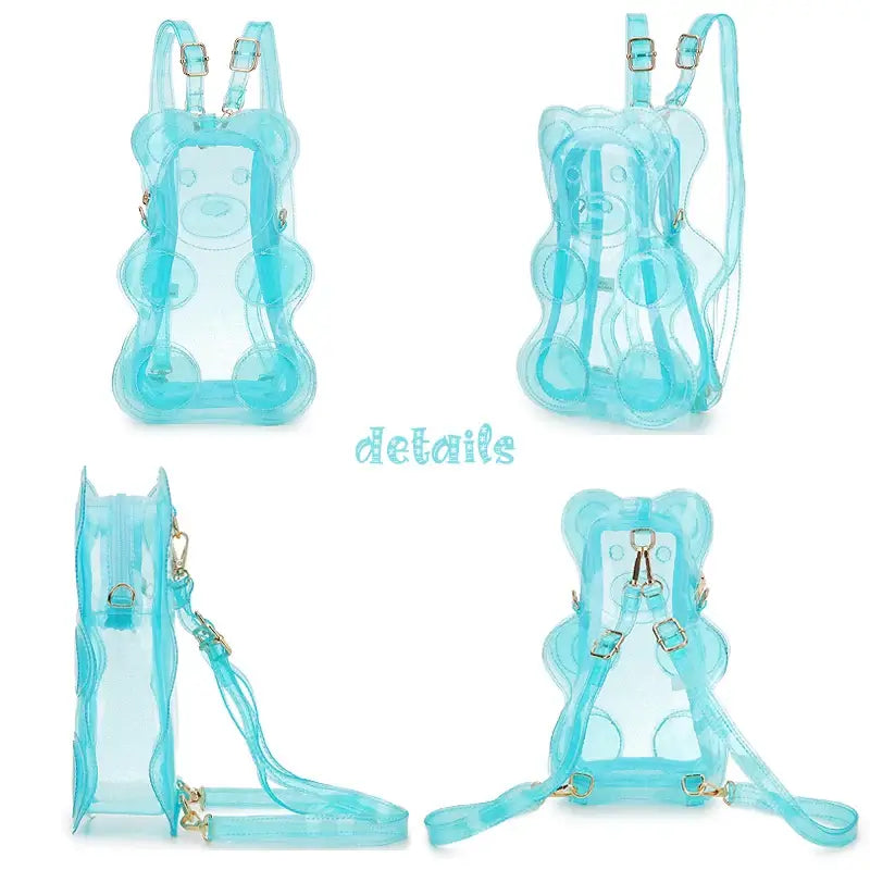 Transparent blue gummy bear backpack with ✨glitter✨, colorful design, and adjustable straps, front and back views. Perfect for stylish carry! 🐻🎒