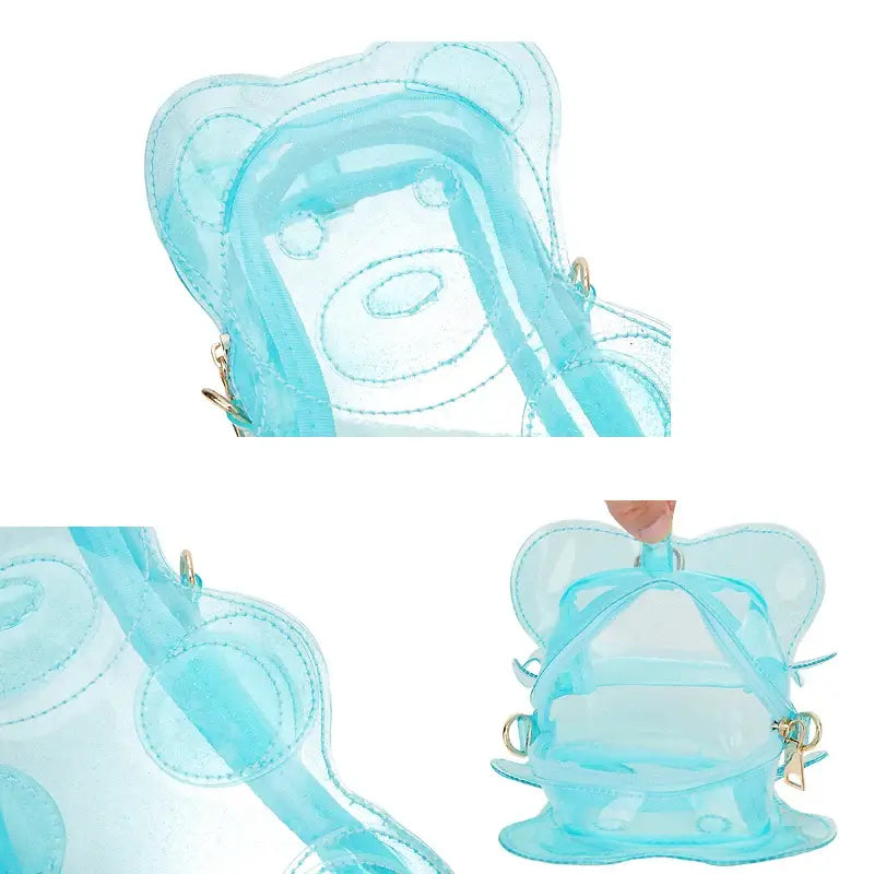 Transparent blue glitter gummy bear backpack with adjustable straps and playful design. 💙🐻‍❄️✨ See-through and colorful for kids and adults.