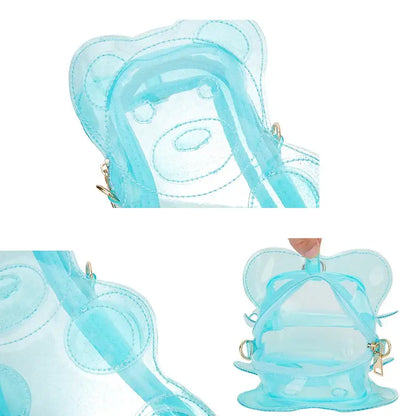 Transparent blue glitter gummy bear backpack with adjustable straps and playful design. 💙🐻‍❄️✨ See-through and colorful for kids and adults.