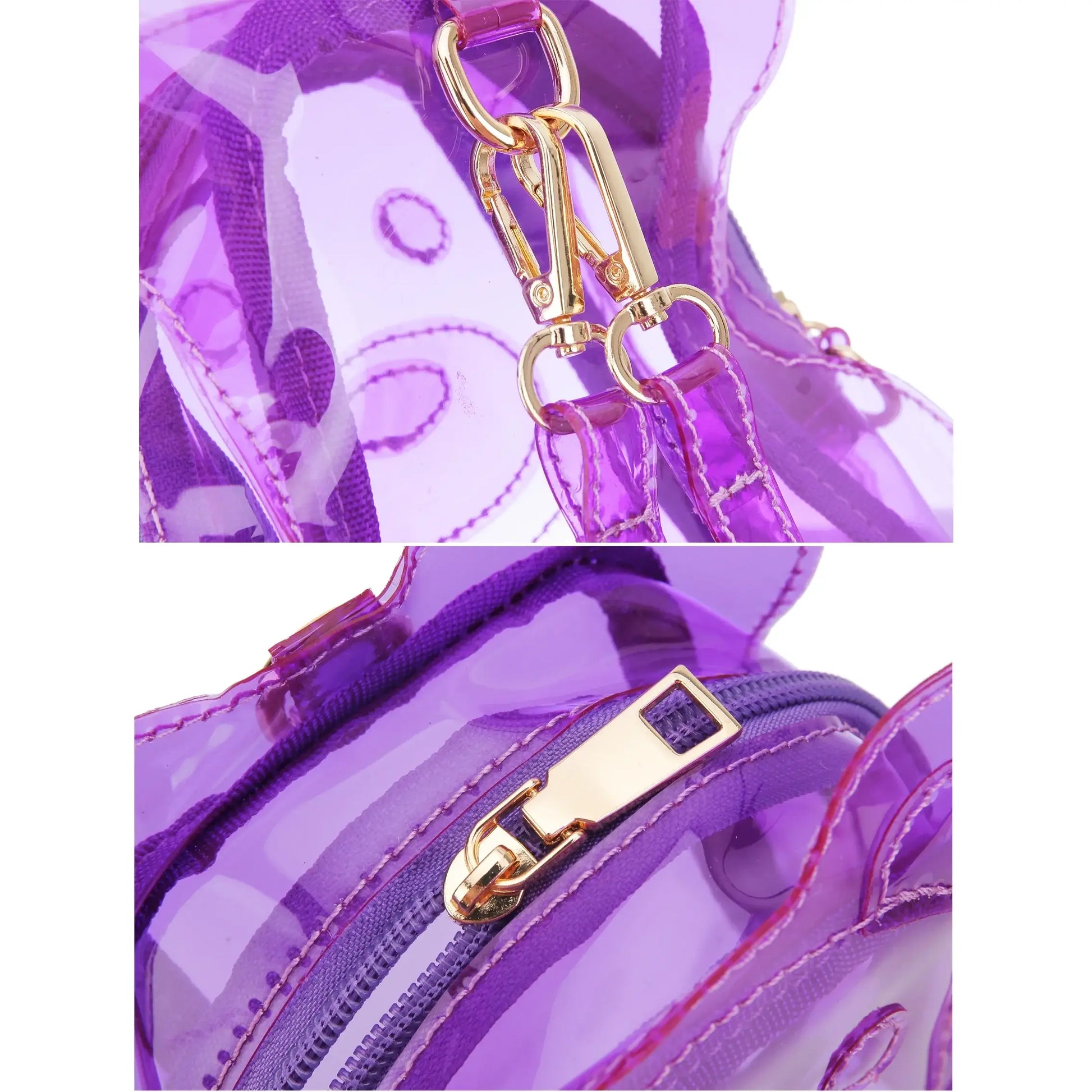 💜 Purple Transparent Gummy Bear Backpack with ✨ gold zippers and adjustable straps 🎒.