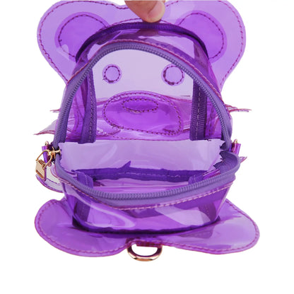 Colorful 🟣 transparent gummy bear backpack with adjustable straps and no glitter, showcasing its playful and practical design.