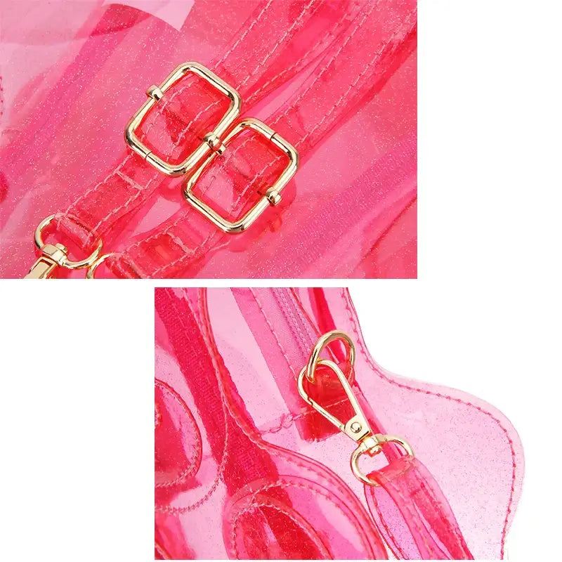 Close-up of pink glittery transparent gummy bear backpack with shiny gold buckles and adjustable straps.