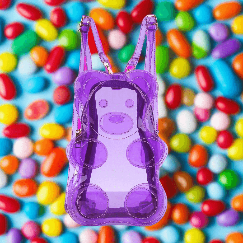 Vibrant purple transparent gummy bear backpack with adjustable straps 💼🍬, perfect for stylish & playful adventures.