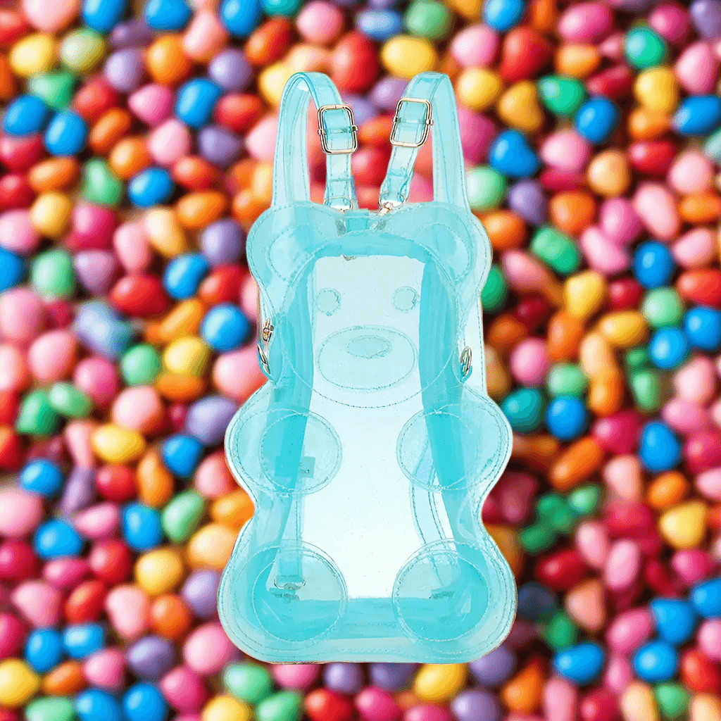 Transparent ✨ Glitter Gummy Bear Backpack, adjustable straps, colorful 🍬 background, stylish and playful see-through design.