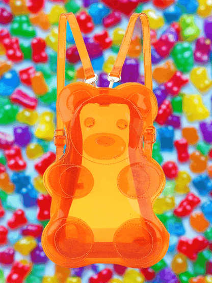 🧸 Orange Transparent Glitter Gummy Bear Backpack 🧡 with adjustable straps – Bright, fun, and sweet! Perfect for kids and adults.