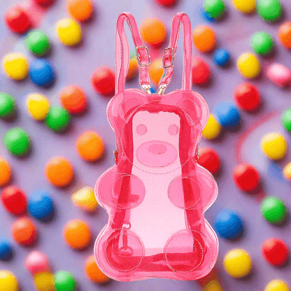 Vibrant pink gummy bear 🐻 transparent backpack with glitter ✨ adjustable straps in colorful background of gummy candies 🍬