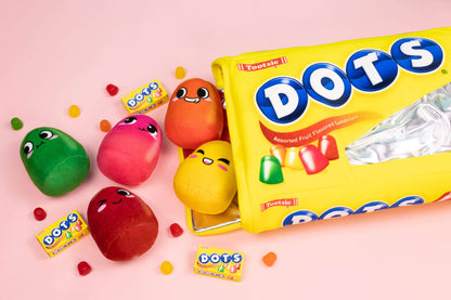 🍬 Nostalgic Tootsie Dots plushies spilling out of realistic packaging, featuring colorful, cheery mini plush dots for sweet decor. 🌈