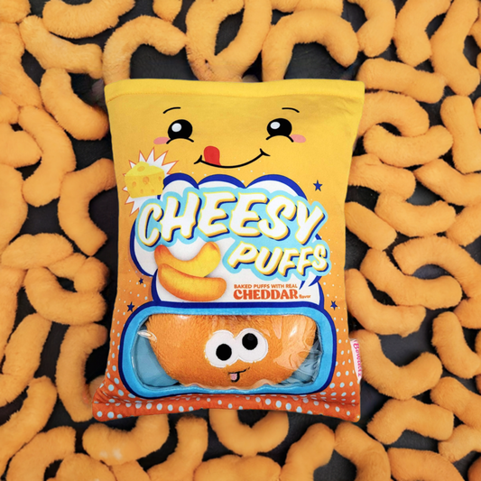 Mini Plushies in a Big Cheesy Puffs Pillow